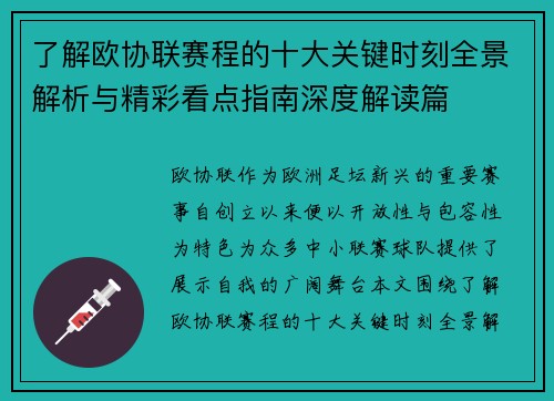 了解欧协联赛程的十大关键时刻全景解析与精彩看点指南深度解读篇